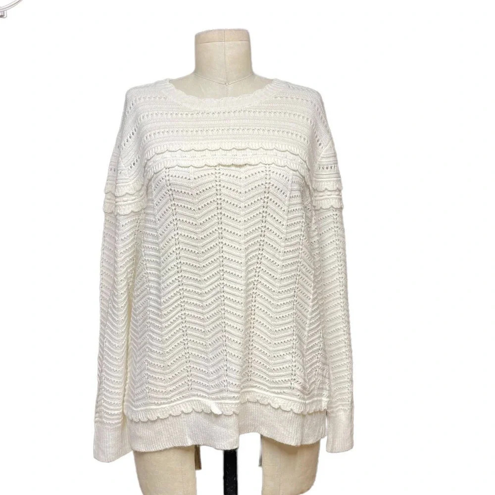 J. Crew Crewneck Scalloped Pointelle Sweater Ivory Size XL